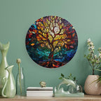 Stained Glass Theme Decorative Ceramic Plate Round Porcelain Plate,10 inch,Tree of Life Pattern,for Decorative Ornaments Giving Plates, 1 Plate with 1 Display Stand,Multicolor