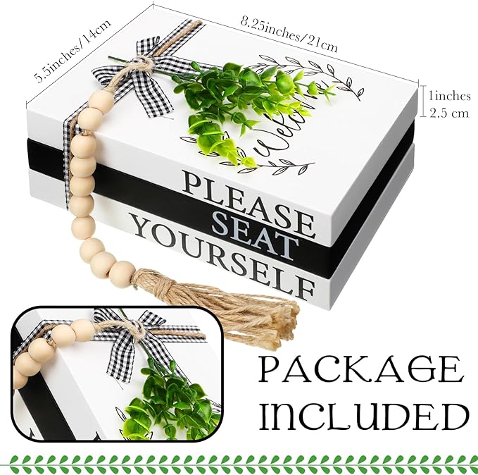 Capoda 3 Pcs Decorative Books for Home Decor Farmhouse Faux Stacked Books Wooden Rustic Table Decor with Bead Garland Twine Ribbon Faux Leaf for Table(Welcome)