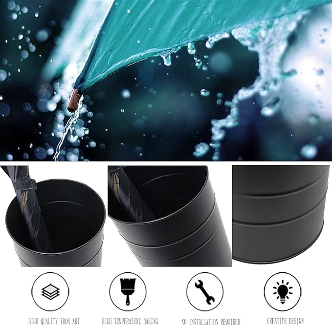 Black Round Iron Umbrella Stand Holder, Space-Saving Floor-Standing Umbrella Storage Basket, Waterproof Storage Bucket