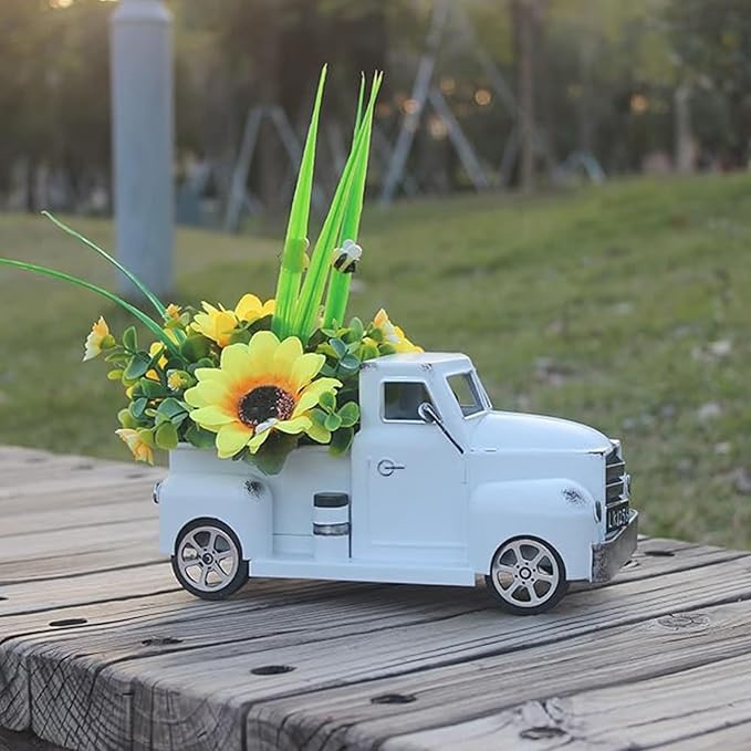 Vintage Truck with Artificial Flowers Farmhouses Tiered Tray Decors Table Centerpieces Minis Diecast Trucks Decorations Farm Pickup with Flower