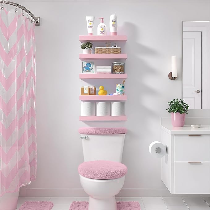 Sorbus Floating Shelves for Wall – 16 Inch Floating Shelf for Kitchen, Bedroom, Living Room, Bathroom, Home & Wall Decor - Mounted Bathroom Shelves with Invisible Brackets (Soft Pink, 5 Pack)