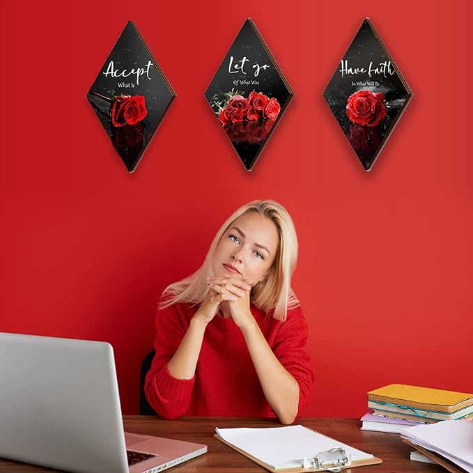3 Pcs Red Rose Bathroom Wall Decor Flower Red Decor Inspirational Wooden Wall Art Office Wall Decor with Accept Let Go Have Faith Sign for Girl Women Bathroom Living Room Bedroom(12 x 7 Inch)