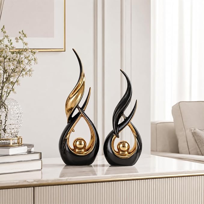 2 PCS Black Gold Ceramic Statues For Home Decor Accents, Modern Abstract Art Sculptures, Elegant Tabletop Decorative Objects For Dining Room, Entryway, Tv Stand, Mantel, Coffee Table Centerpieces