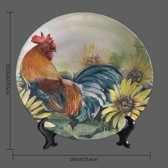 Rooster Decorative Ceramic Plates, 10 Inch, Sunflower Rooster Round Display Plate, Table Top Plate Decor with Stand, for Kitchen Party Coffee Table Decor Art