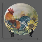 Rooster Decorative Ceramic Plates, 10 Inch, Sunflower Rooster Round Display Plate, Table Top Plate Decor with Stand, for Kitchen Party Coffee Table Decor Art