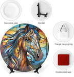 Decorative Plates for Wall Hanging, Horse Abstract Stained Glass Painting Ceramic Plate w/Display Stand, Home Decor for Kitchen Cabinets, Farmhouse Round Tray 6 Inch, Gift for Horse Lover