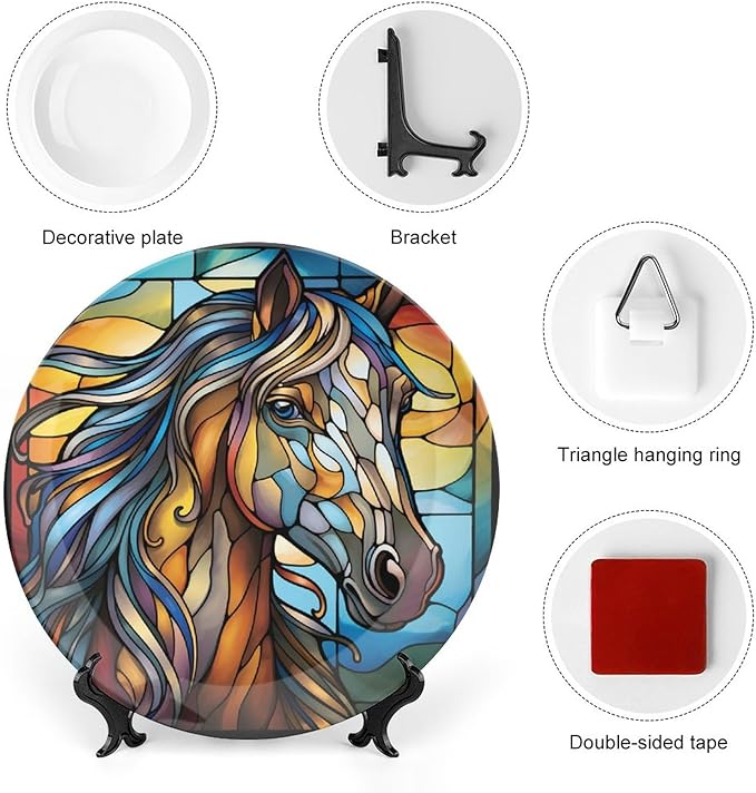 Decorative Plates for Wall Hanging, Horse Abstract Stained Glass Painting Ceramic Plate w/Display Stand, Home Decor for Kitchen Cabinets, Farmhouse Round Tray 6 Inch, Gift for Horse Lover