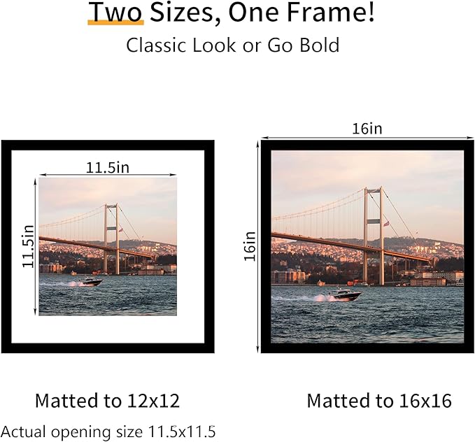 16x16 Picture Frame 3 Pack - Black Poster Frame Display Pictures 12x12 with Mat or 16 x 16 Without Mat for Wall Hanging Horizontal and Vertical