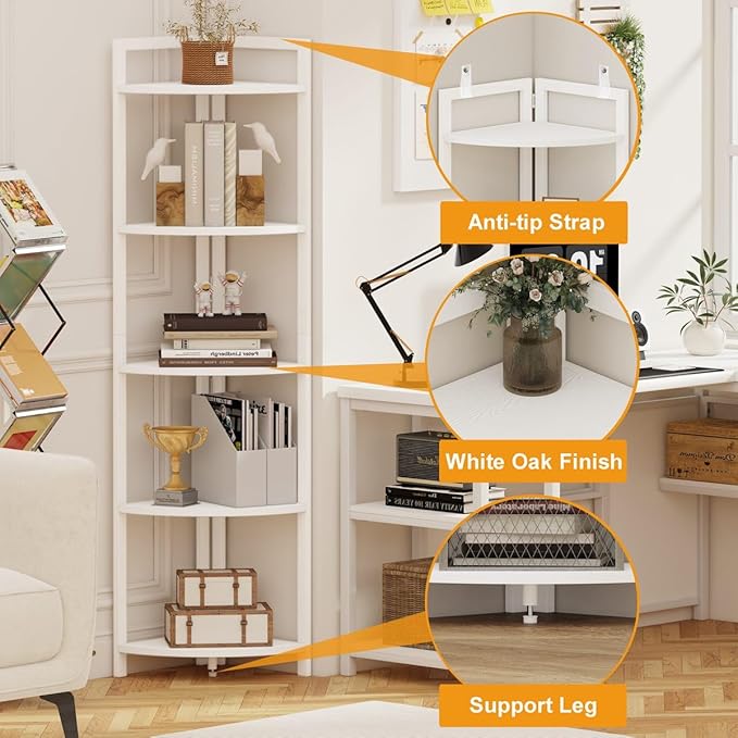 FATORRI Tall Corner Shelf, 5 Tier Modern Corner Bookshelf Stand, Wood and Metal Corner Plant Bookcase for Living Room, Home Office (White Oak)