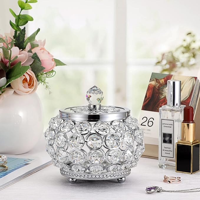 Hipiwe Crystal Jewelry Box with Glass Lid Small Trinket Organizer Mirrored Treasure Box Ring Holder Earrings Necklace Storage Box Keepsake Gift Box for Home Dresser Decor, Silver