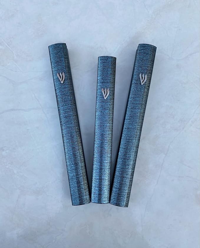 A&S Mezuzot Aluminum Mezuzah Case with 3D Painted Shin Design Easy Peel and Stick Judaica Door Mezuza for Parchment Scroll (Metallic Blue/Black, 5 Inches)