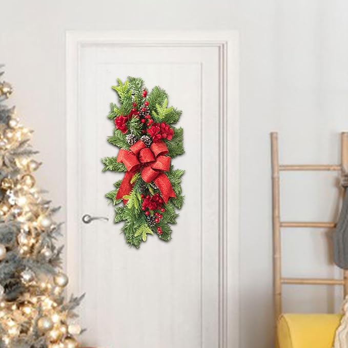 SM SunniMix Christmas Swag Teardrop Swag Artificial Wreath Door Swag Decorative Bow Ornament Lightweight PP Material Suitable for Gift Giving Home Decoration, Red