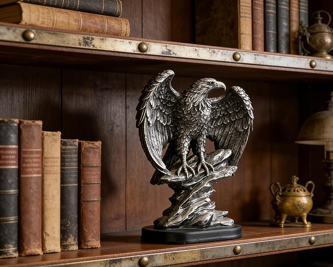Metallic Silver Eagle Statue for Home Office Man Table Decoration 10 inch Eagle Scout Gifts, US Citizenship Gifts, Symbol of Justice and Freedom