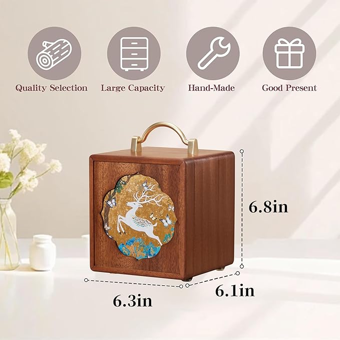 Wooden Jewelry Box for Women 4 Tier Walnut Wooden Jewelry Box with handle (White Deer Print B)