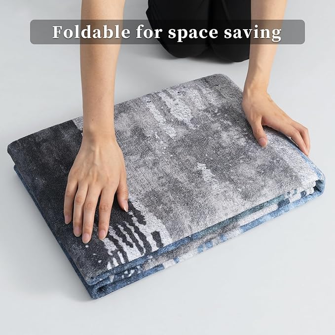 Ciicool 5ft Round Washable Rug, Modern Abstract Circle Rugs, Non-Slip Thin Low-Pile Rug Navy Grey Circular Print Distressed Carpet for Bedroom Living Room Under Dining Table Home Office Decor