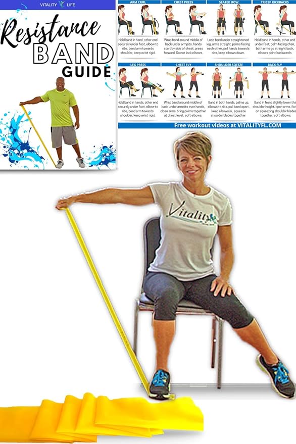 Vitality 4 Life with Curtis Adams Senior Resistance Band: Light Resistance, Longer Length + Instruction Guide. Latex Free. Exercise, Stretching, Physical Therapy