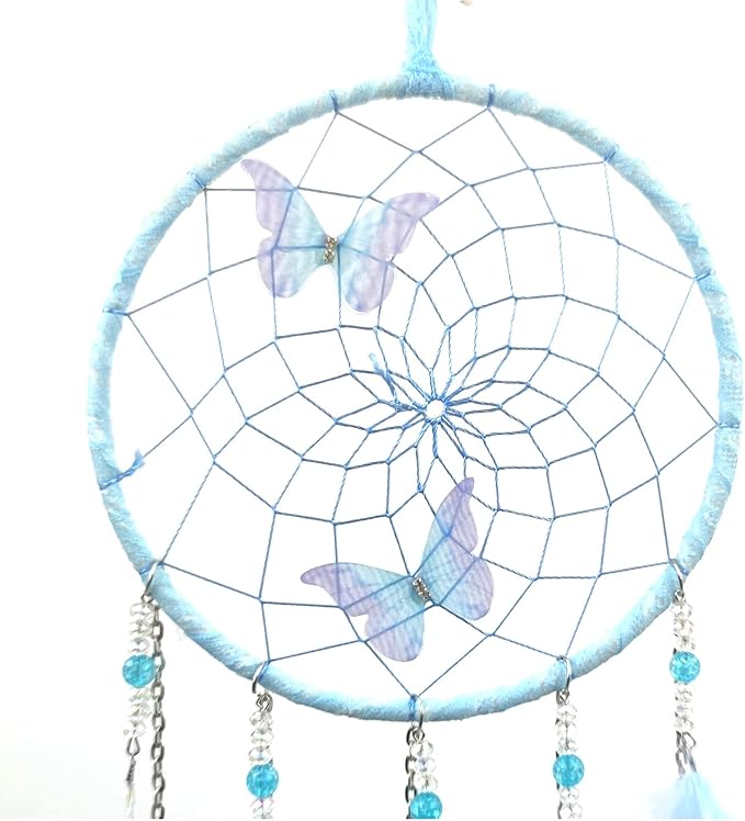 Blue Butterflies Dream Catcher Handmade Colorful Feather Dream Catchers Wall Decoration for Girls Kids ，Beautiful Wall Art. Great Decoration for Bedroom,Baby Tent,Sitting Room,Balcony,Party.