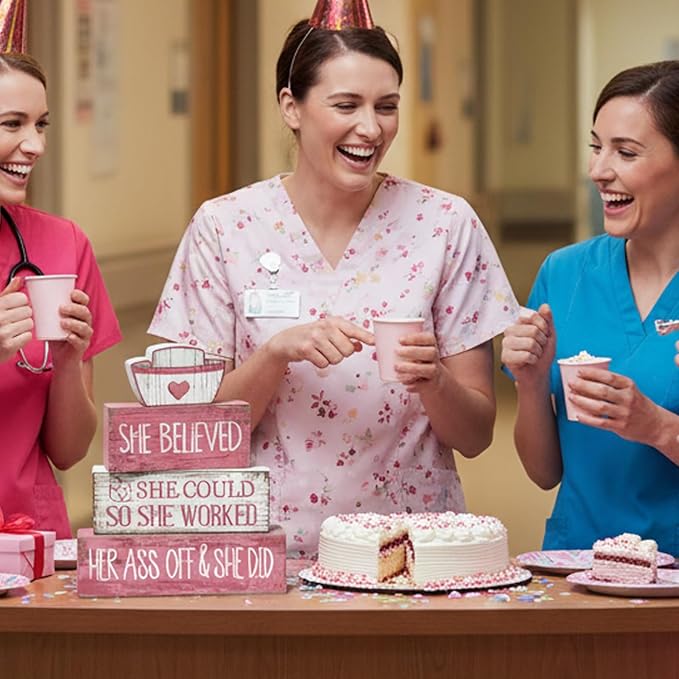 Lineshading 4 Pcs Nurse Appreciation Wooden Block Decor Inspirational "she Believed She Could" Stacked Sign with Nurse Hat Rustic Pink White Table Decoration for Nurses, Graduation Gift, Home & Office
