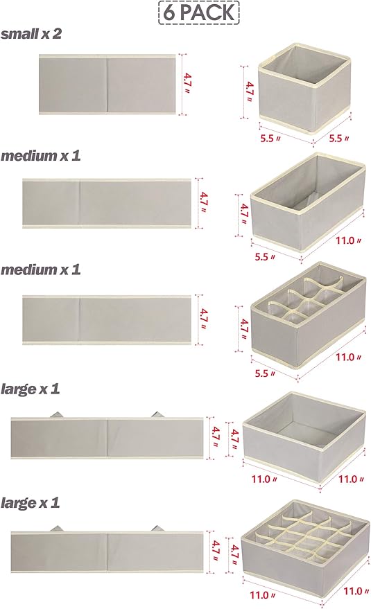 6 Pack Foldable Drawer Organizer Dividers Cloth Storage Box Closet Dresser Organizer Cube Fabric Containers Basket Bins for Underwear Bras Socks Panties Lingeries Nursery Baby Clothes Gray