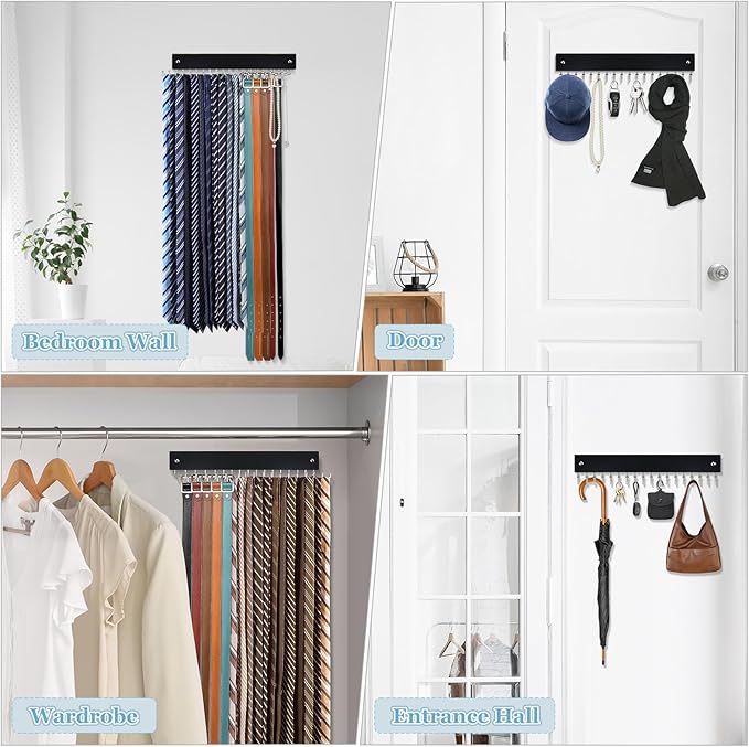 Tie Rack Belt Hanger Wall Mounted, Lomrsiul Non Slip 180 Degree Rotating Tie Organizer for Men Closet with 18 Hooks Closet Organizers and Storage for Tie Belt Necklace Purse Scarf Bag Black 2 Pack