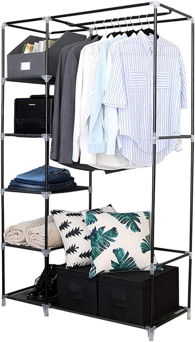 Portable Closet Wardrobe, Closet Storage Organizer Rack with Shelves and Cover for Hanging Clothes, Non-Woven Fabric, Quick and Easy to Assembly (64'', Black)