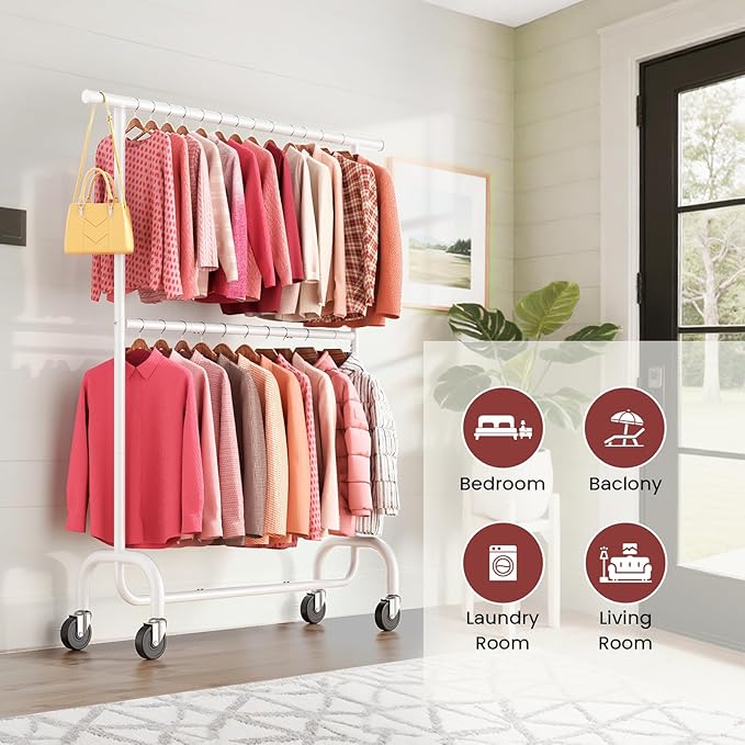Heavy Duty Clothes Rack Load 600 LBS, Rolling Clothing Rack for Hanging Clothes with Lockable Wheels, Double Rod Garment Rack for Bedroom, Laundry, Clothing Store, White