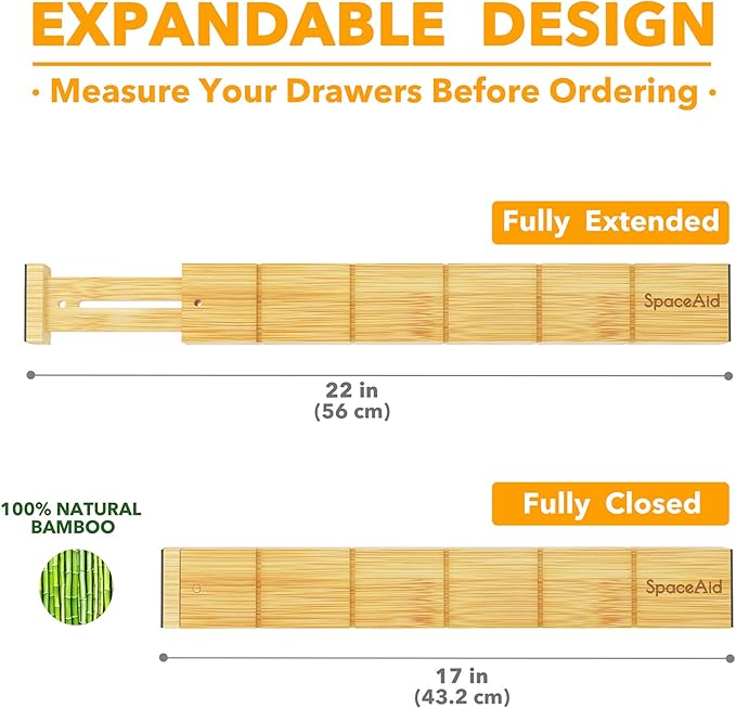 SpaceAid Bamboo Drawer Dividers with Inserts and Labels, Kitchen Adjustable Drawer Organizers, Expandable Organization for Home, Office, Dressers, 4 Dividers with 9 Inserts (17"-22" Natural)