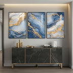Large Framed Abstract Wall Art for Living Room, Modern Luxury 3 Piece Blue Gold White Prints Paintings for Walls, Elegant Marble Pattern Pictures for Dining Bedroom Hallway Office Home Decor 24x36 In