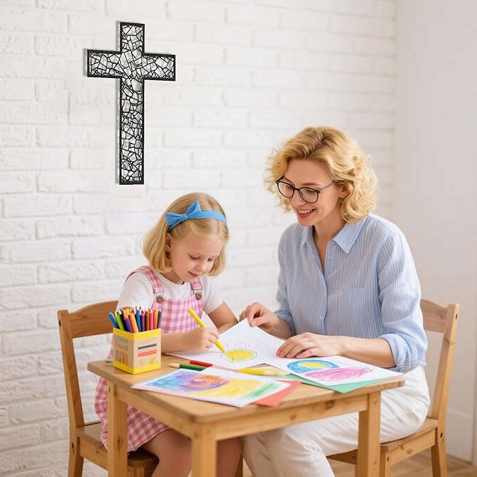 Black Metal Cross Wall Decor Iron Christian Cross for Home Church, Hollow Out Artistic Hanging Ornament, Crosses Wall Decor for Living Room, Bedroom, Decorative Thankful Religious Gift 11.8x7.9 inch