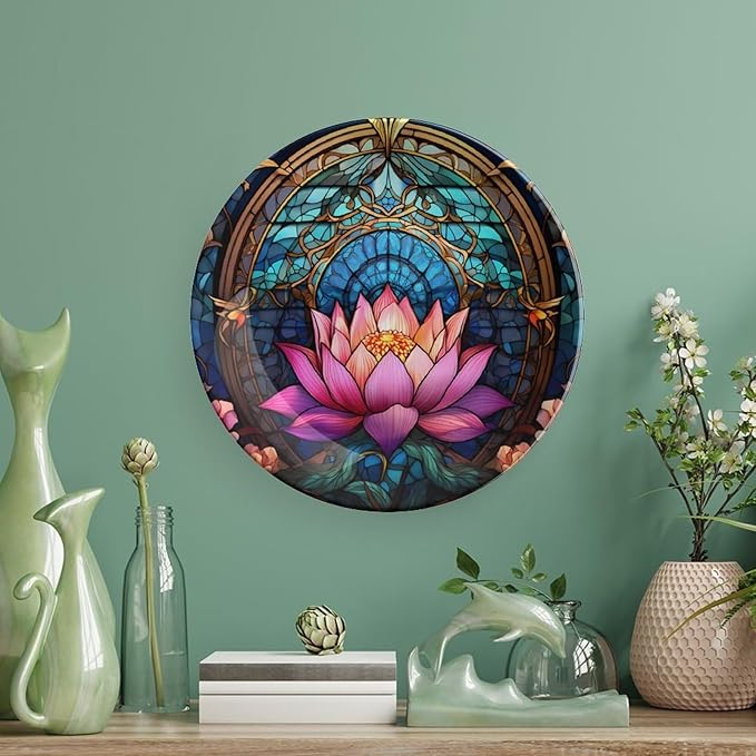 Decorative Plates for Home Decor, Moroccan Water Lily Stained Glass Print Decor Tray for Table Display, Ceramic Dinner Plate W/ Stand, Living Room Dining Room Decor, Gifts for Lotus Lover, 6 Inch