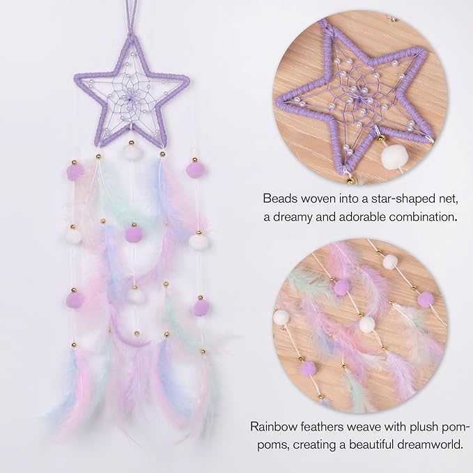 Pretty Jolly Purple Star Kids Dream Catcher Wall Decor Pompom Feather Baby Dreamcatcher Handmade Children Dream Catcher Home Décor Wall Hanging for Nursery Bedroom Boys Girls Birthday Gift-25.6in