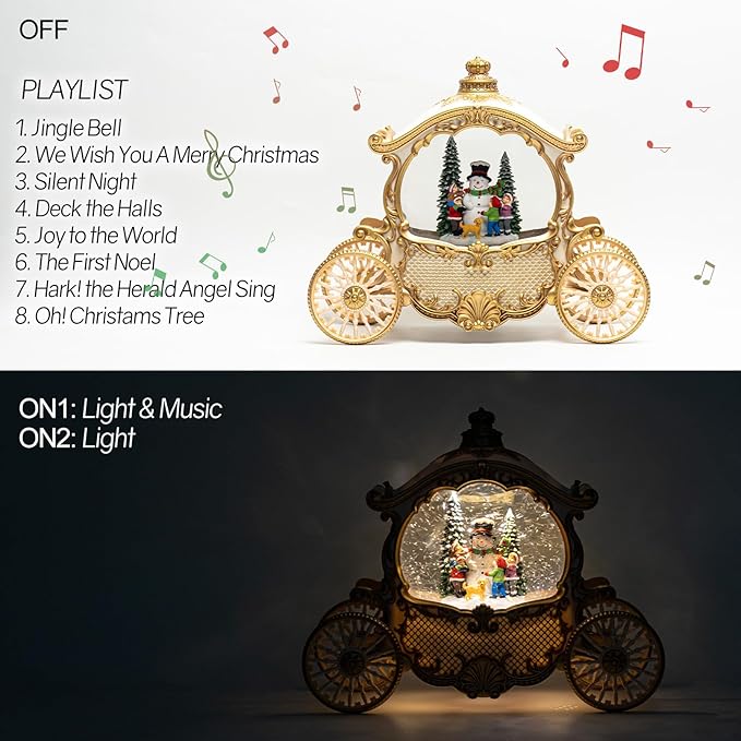 Christmas White Carriage Snow Globe Lantern with Gift Box - Snowman Scene Water Lantern with Glitter Snow - Musical Holiday Decor with LED Light - Battery Or USB Powered Operated (White with gold)