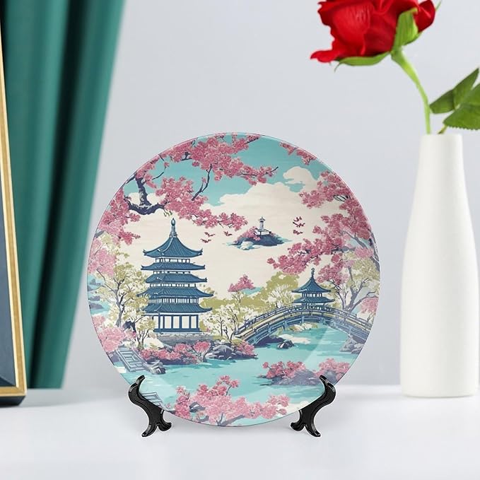 Chinoiserie Pagoda White Coral Blue Asian Plates Ceramic of 6", 7", 9", 10", Custom Ceramic Salad Plates, Home Art Decoration Decorations Wedding, Unique Art with Stand