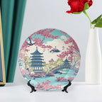 Chinoiserie Pagoda White Coral Blue Asian Plates Ceramic of 6", 7", 9", 10", Custom Ceramic Salad Plates, Home Art Decoration Decorations Wedding, Unique Art with Stand
