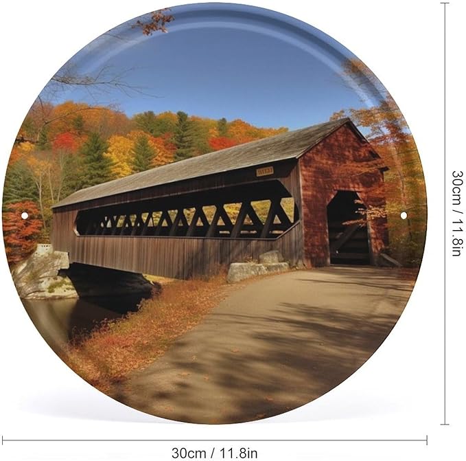 Wall Picture, with Albany Covered Bridge Printed Circular Iron Hanging Picture,Wall Art Decor,Home for Bedroom Living Room Bathroom Decor,Iron Painting 11.8X11.8 in
