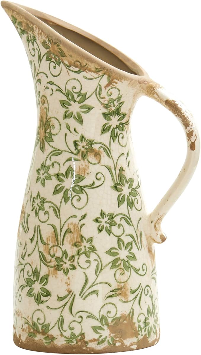 Tuscan Ceramic Green Scroll Pitcher Vase