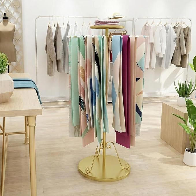 Novabright Freestanding Scarf Display Rack with 30 Rods, 360° Rotating Gold Tie Belt Hanger Shawl Shelf Hijab Stand, 35.43-56" Height Adjustable Scarf Holder for Boutique Clothing Store Home Storage