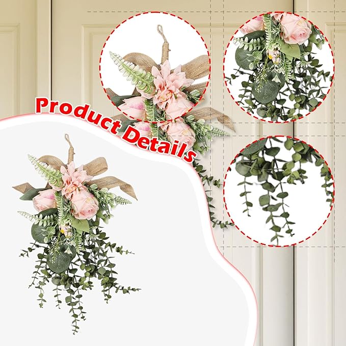 Artificial Floral Wreath Teardrop Swag Silk Flower Hanging Garland Decorative Ornament Versatile for Entryway Wedding Party Home Decoration Sui, Pink