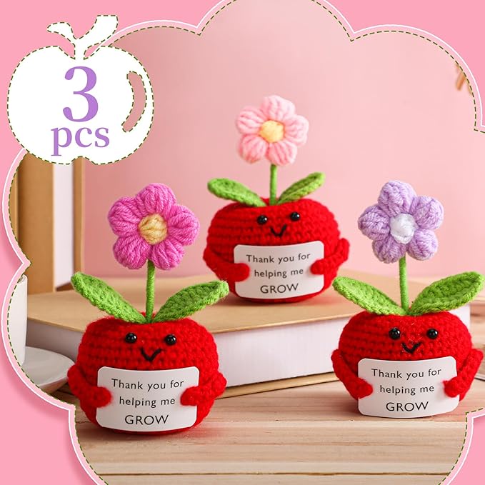 Wavwavw 3 Pack Teacher Appreciation Gift Positive Flower Handmade Crochet Doll Thank You for Helping Me Grow Gifts Back to School Gifts for Women Teacher(Apple Puff Flower)