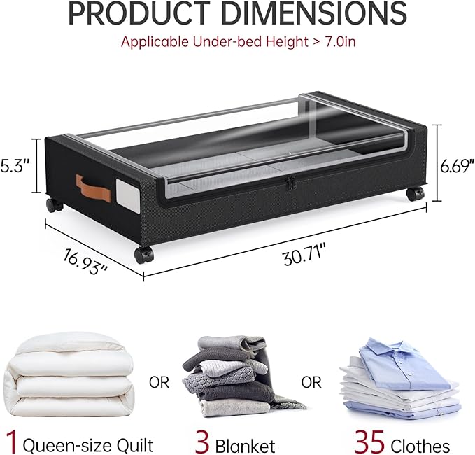 Yecaye 60L Under Bed Storage with Wheels, 2 Pack Under Bed Storage Containers, Underbed Shoe Storage with Clear Window & Label, Rolling Under Bed Metal Drawer for Clothes, Shoes, Books, Black