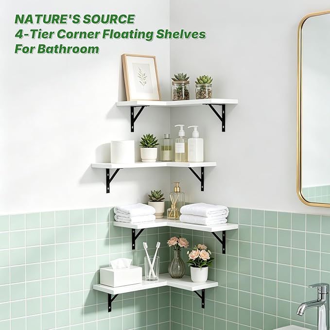 NATURE'S SOURCE Corner Floating Shelves Set of 4, Corner Shelves Wall Mounted, for Bedroom Kitchen Living Room Bathroom Office- Modern Style (White, Set of 4)
