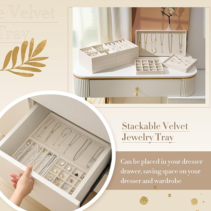Set of 10 Stackable Jewelry Organizer Trays for Drawer 14 Inch Velvet Jewelry Drawer Insert Display Storage with Removable Divider for Necklace Earring Ring Watch Bracelet (Beige)