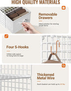 Closet Hanging Organizer with Drawers, 6 Tier Metal Closet Organizers and Storage with 4 Hanging Hooks 4 S-Hooks for Wardrobe Laundry Room, Wire Storage Shelf for Clothes Sweaters Pants (White)