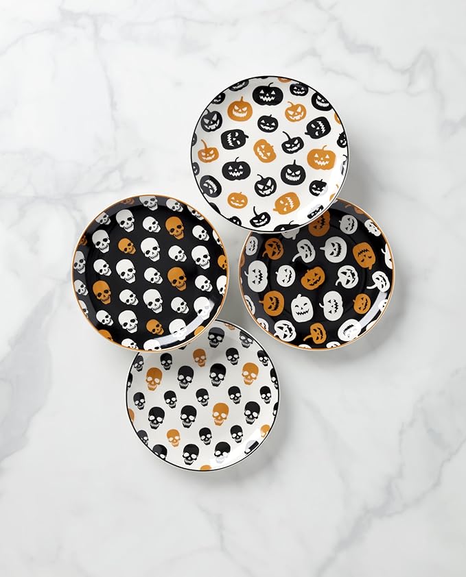 Oneida Dinnerware Set, Vintro Halloween Accent Plates, Assorted Set of 4, Porcelain, Dishwasher Safe, Microwave Safe, Halloween Decor Indoor, Skulls, Pumpkins, Spooky Decorative Plates (4 Piece)