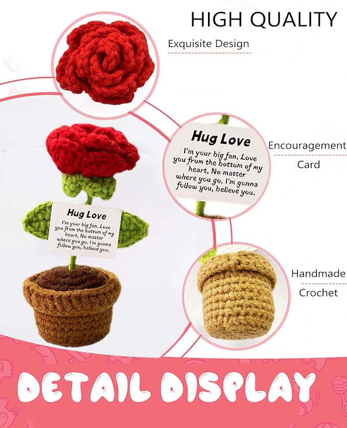 Crochet Rose Doll with Encouraging Card, Love Gifts for Christmas Valentine's Day Adults Friends Men Women