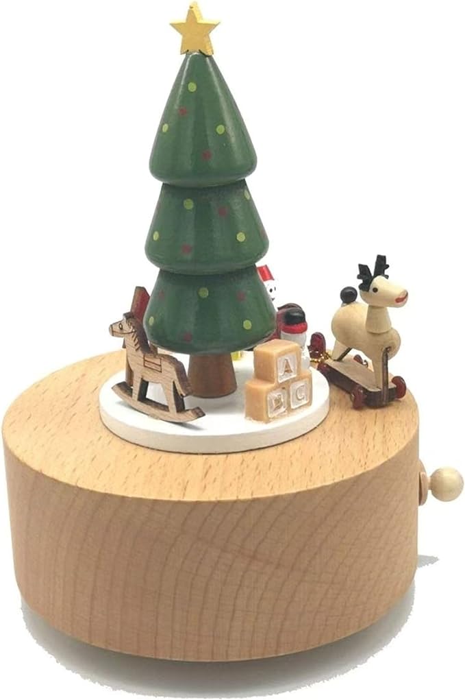 Natural Solid Wood Handcrafted Beech Wooden, Musical FigureTotoro/Carousel/Fairy/Ballerina Figurine,Rotating Hand Crank Mechanism Music Box,Musical Decorations (Christmas Tree and Carriage)