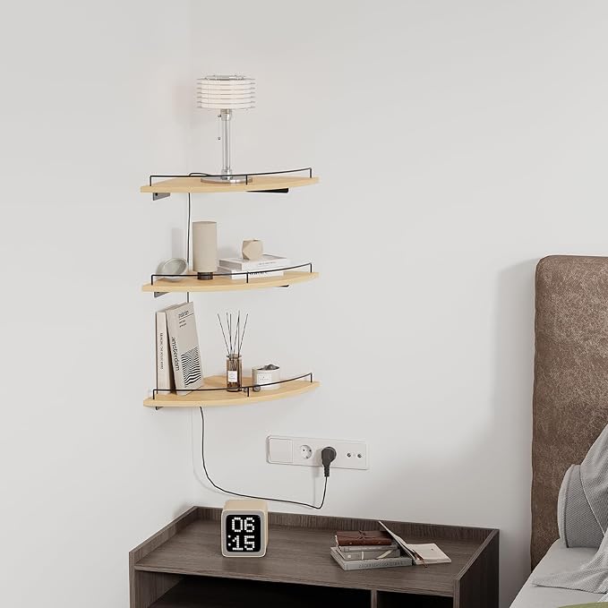 JJL Corner Shelf Wall Mounted, 12 Inches 3-Tier Floating Corner Shelf, Fan-Shaped Rustic Wood Decor with Fence, Natural Wood Grain Storage for Apartment Bedroom Kitchen Bathroom