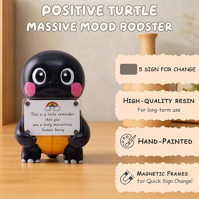 Positive Turtle Figurine - 4.3" Tall Hand-Painted Resin Indoor Office Desk Decoration with Cute Motivational Sign, Funny Gift for Women Friends Bestie BFF Bestfriend Coworkers (Black)