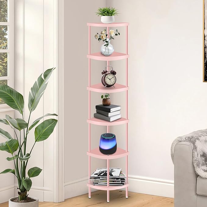 Qupui 6 Tier Corner Shelf Stand, 66” Tall Corner Bookshelf Multipurpose Shelving Unit, Corner Stand Display Rack Home Organizer Shelves for Bedroom Living Room, Pink