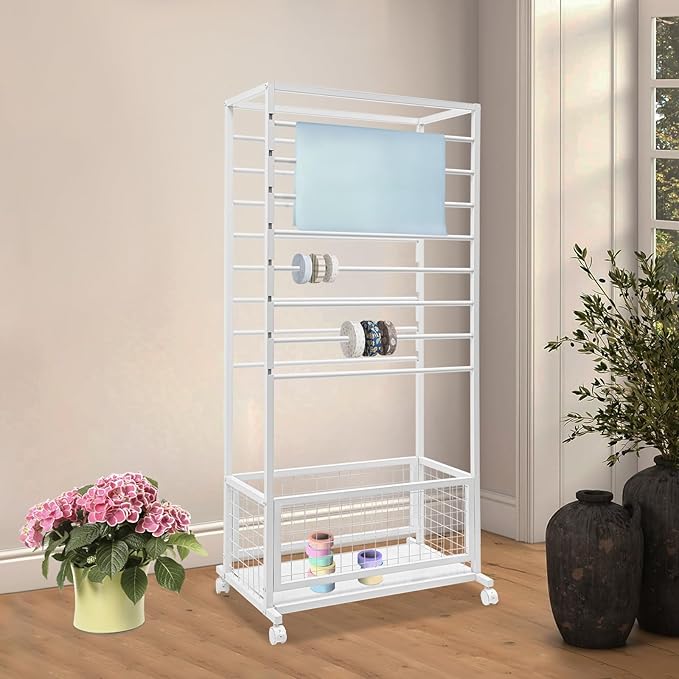 16-Layer Scarf Display Stand, Rolling Scarf Organizer Holder Hanging Rack with Wheels & Storage Basket for Retail Store Boutique Display Bedroom, W26.5*D16.9*H59in (White)